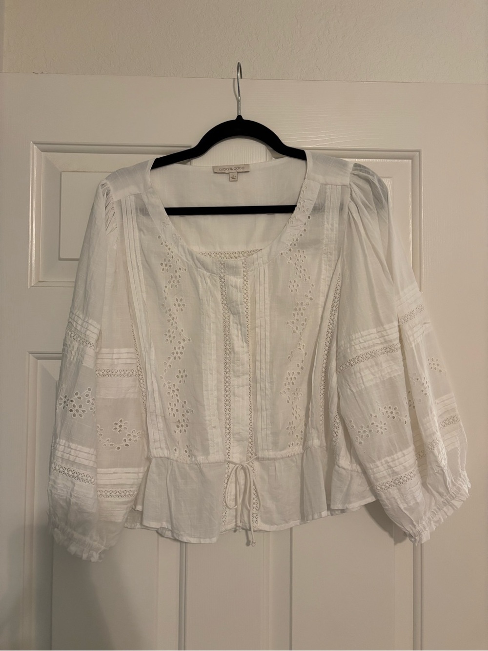 White Lace-Detail Peasant Blouse with Drawstring - Women